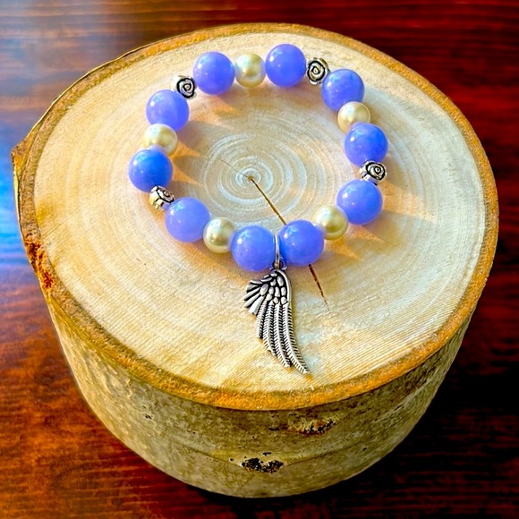 Handmade Natural Stone Angel Wing Charm Bracelet with Natural Angelite Stones! - Picture 2 of 3